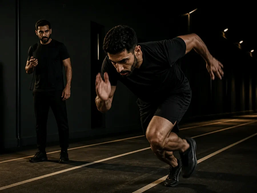 مدرب يتابع انطلاقة رياضي ويقيس الأداء